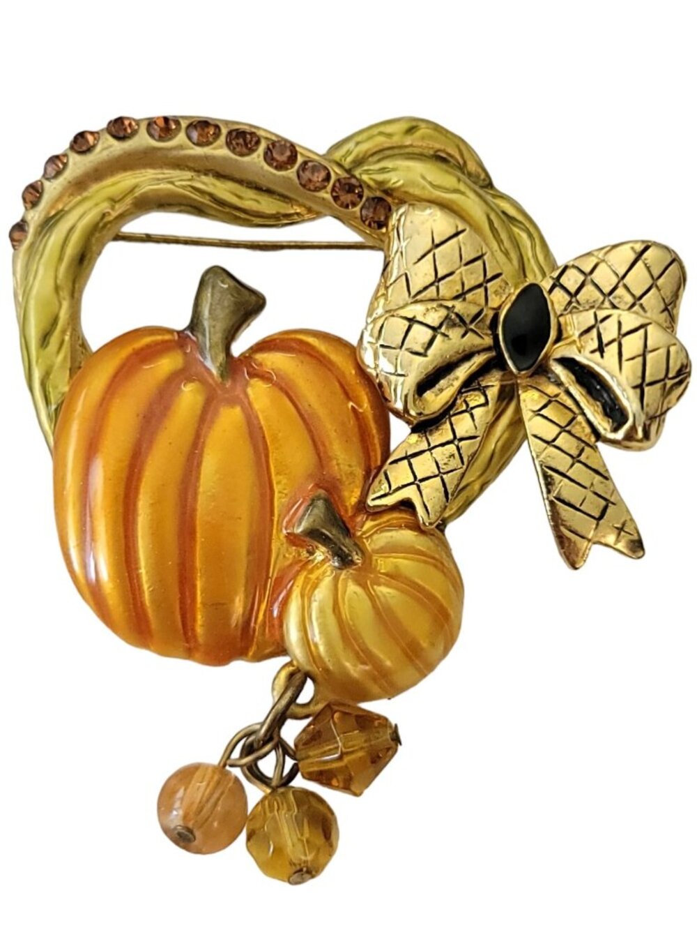 Kenneth Cole Gold Tone Rhinestone Pumpkin Brooch Glass Bead Dangle Brooch, L05